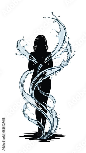 Elegant silhouette of a woman entwined with flowing water elements, symbolizing purity and nature's embrace.