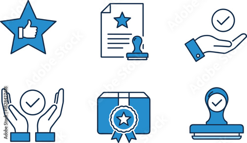 Certification and approval icons featuring check marks, quality assurance symbols, verified documents, trusted service, guarantee badges, and validated hands holding approval signs