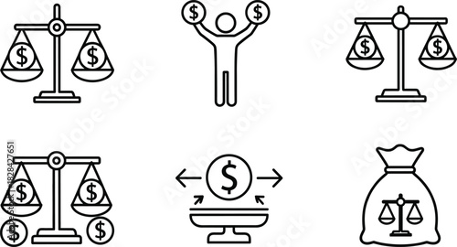 Financial balance scale icons showing money weight, currency symbols, investment comparison, economic value measurement, wealth management outline vector illustration