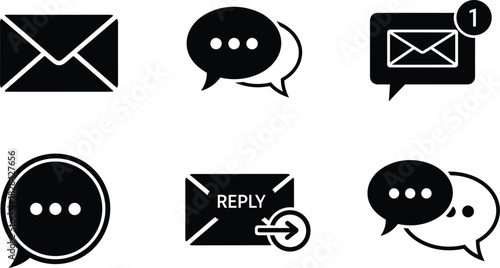 Email and chat communication icons for messaging, notifications, conversation reply, inbox alerts, online communication, digital messages, customer interaction and social conversation 