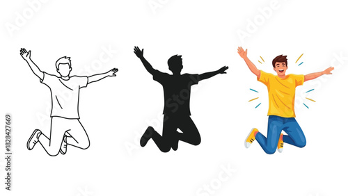 Happy young man jumping with arms up, in outline, silhouette and colorful art styles
