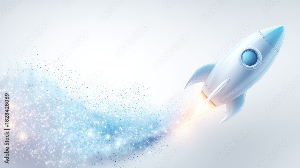 Fototapeta premium Blue rocket poised for flight against clean white backdrop detailed blue rocket model presented on bright white surface