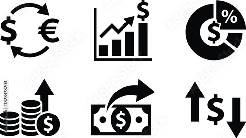 Financial growth icons with currency exchange, money investment, profit chart, cash flow symbol, percentage pie chart and dollar arrows