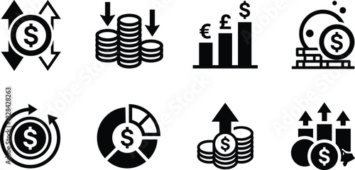 Financial growth and currency exchange icons showing money increase, investment profit, coin stack savings, economic chart rise and business finance symbols