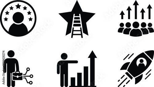 Business leadership and achievement icons showing career growth, star success, team progress, innovation startup rocket and professional development concept symbols