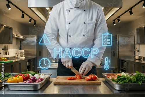 Professional chef cutting fresh vegetables in commercial kitchen with digital HACCP safety interface icons for culinary hygiene and restaurant standard compliance