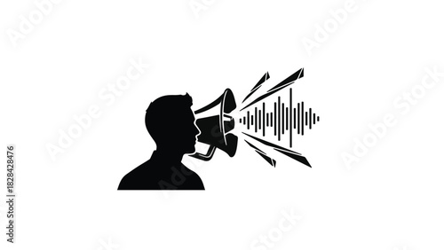 Silhouette of a person speaking loudly through a megaphone, broadcasting sound waves.