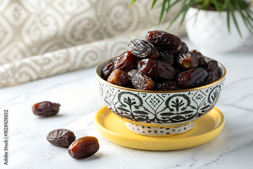 A photo of dark, wrinkled dates piled in a small, cream-colored bowl on a white surface, softly lit, creating a simple, inviting still life.