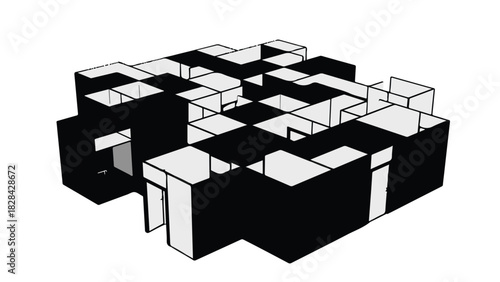 Abstract geometric maze structure with dark and light contrasting blocks