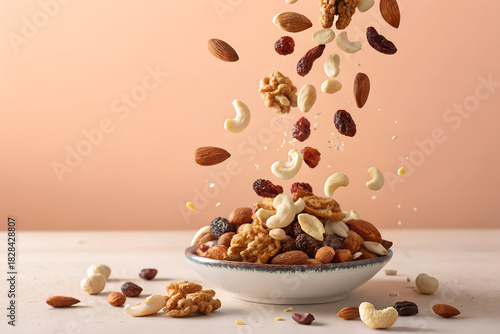 A photo of mixed nuts and dried cranberries falling into a bowl on a beige surface, soft lighting, warm tones, 