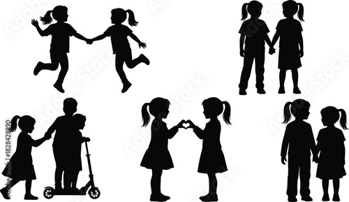 Black Silhouette Collection of Young Children Running, Playing, Riding Scooter, and Making Heart Shape, Representing Childhood Friendship, Playtime, Bonding, and Active Fun Moments.
