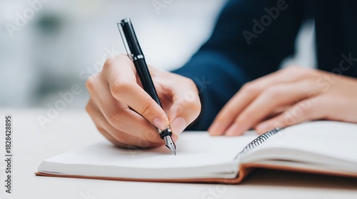 Person writes notes in notebook with pen individual records information in spiral notebook