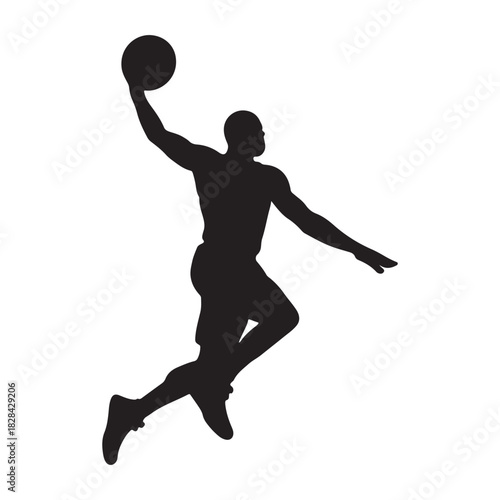 Basketball Player Dunk Icon. Minimalist silhouette of an athletic slam dunk action on a pure white background. Vector for sports and competition.
