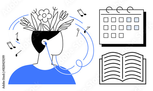 Person with flowers growing from their head, symbolizing creativity and growth while wearing headphones. Musical notes swirl around with a book and calendar in the setting. Ideal for creativity