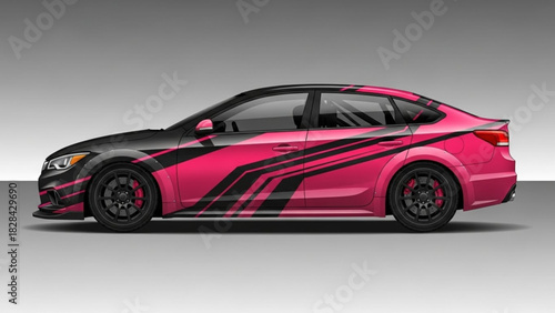 Side view of a pink and black sports car with racing stripes, showcasing design and style.