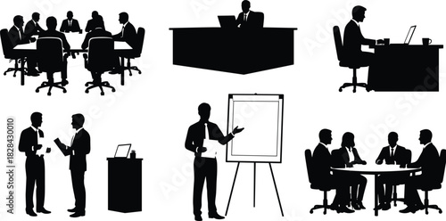 Black Silhouette Vector Collection of Business Professionals in Meetings, Presentations, and Office Work, Including Brainstorming, Planning, and Giving Reports, for Corporate Design
