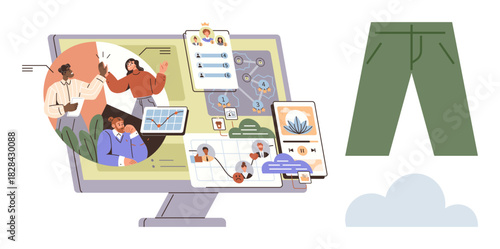 Computer monitor featuring charts, task management apps, avatars, team discussions, and communication tools. Beside it, a green pant illustration and a cloud. Ideal for remote work, collaboration