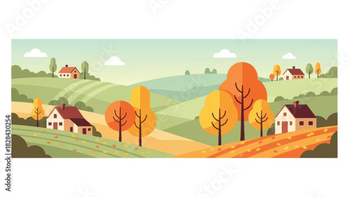 Serene autumnal landscape with houses and trees in a rural setting