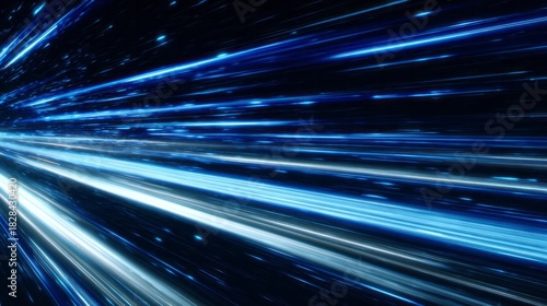 Speeding through a blue and white light tunnel in deep space.