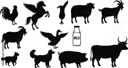 Black Silhouette Vector Collection of Farm Animals and Domestic Creatures Including Rooster, Cow, Pig, Sheep, Goat, Dog, Goose, and a Pegasus, with Milk Bottle Icon