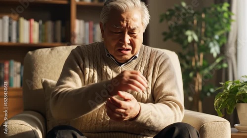 Senior man in pain holding wrist indoors, in armchair against a bookshelf and plant background