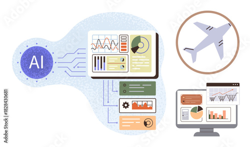 AI module connecting dashboards displaying aviation data, charts, and graphs near airplane icon. Ideal for AI, aviation, data analysis, business strategy, innovation, technology automation simple