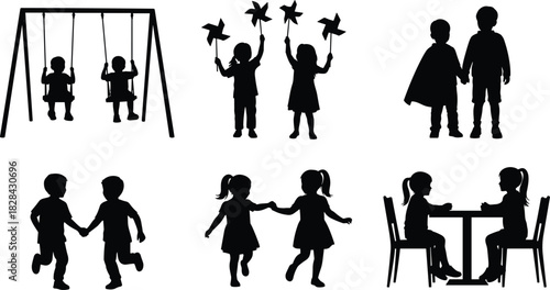 Black Silhouette Vector Collection of Happy Children Playing Outdoors and Indoors, Including Swinging, Running, Holding Pinwheels, and Socializing at a Table, Representing Childhood Fun