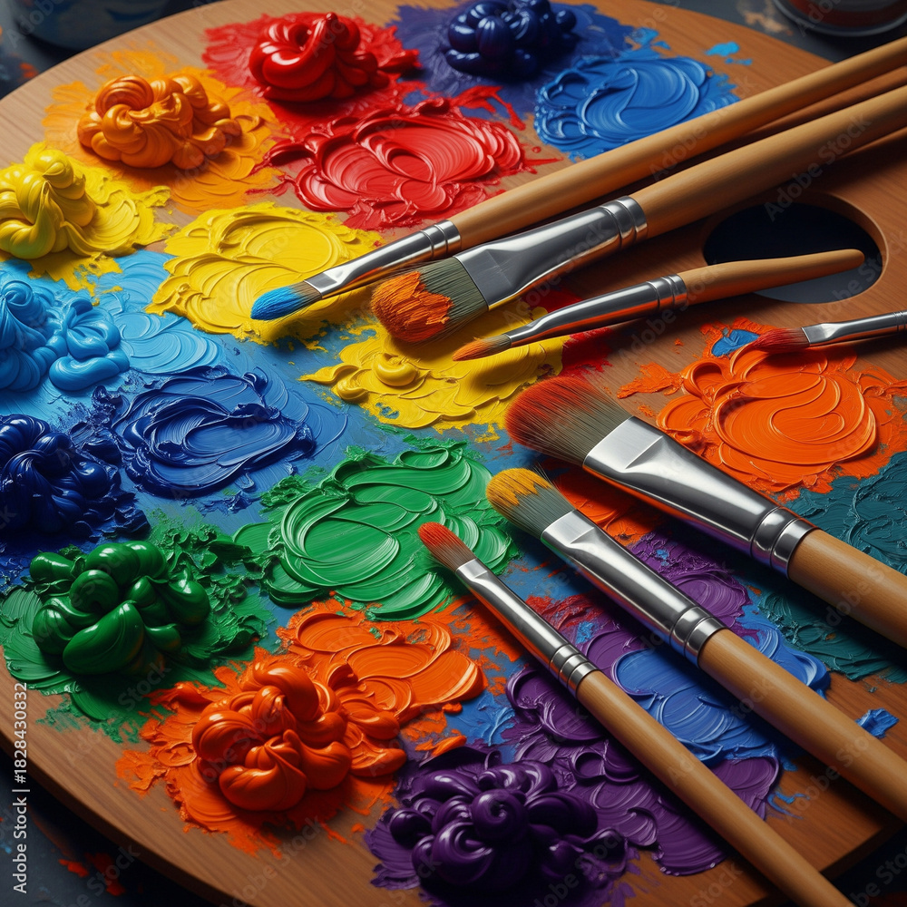 Fototapeta premium Painting palette with vibrant colors and brushes. 
