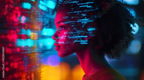 A profile of a woman illuminated by vibrant colors. Digital elements surround her, showcasing the connection between human emotion and technology. Generative AI.