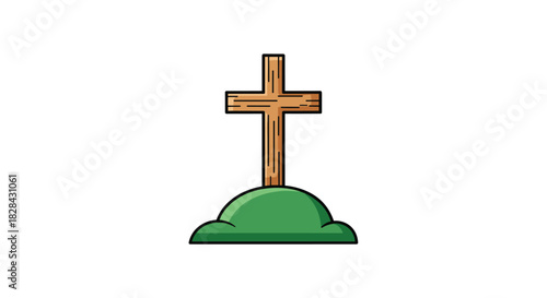 A wooden cross stands atop a grassy hill against a plain white background, symbolizing remembrance and faith.