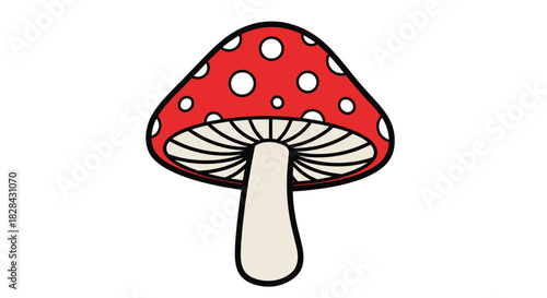 A cheerful red and white spotted mushroom drawing with clear gills and a cream-colored stem, presented in a clean, simple cartoon style.