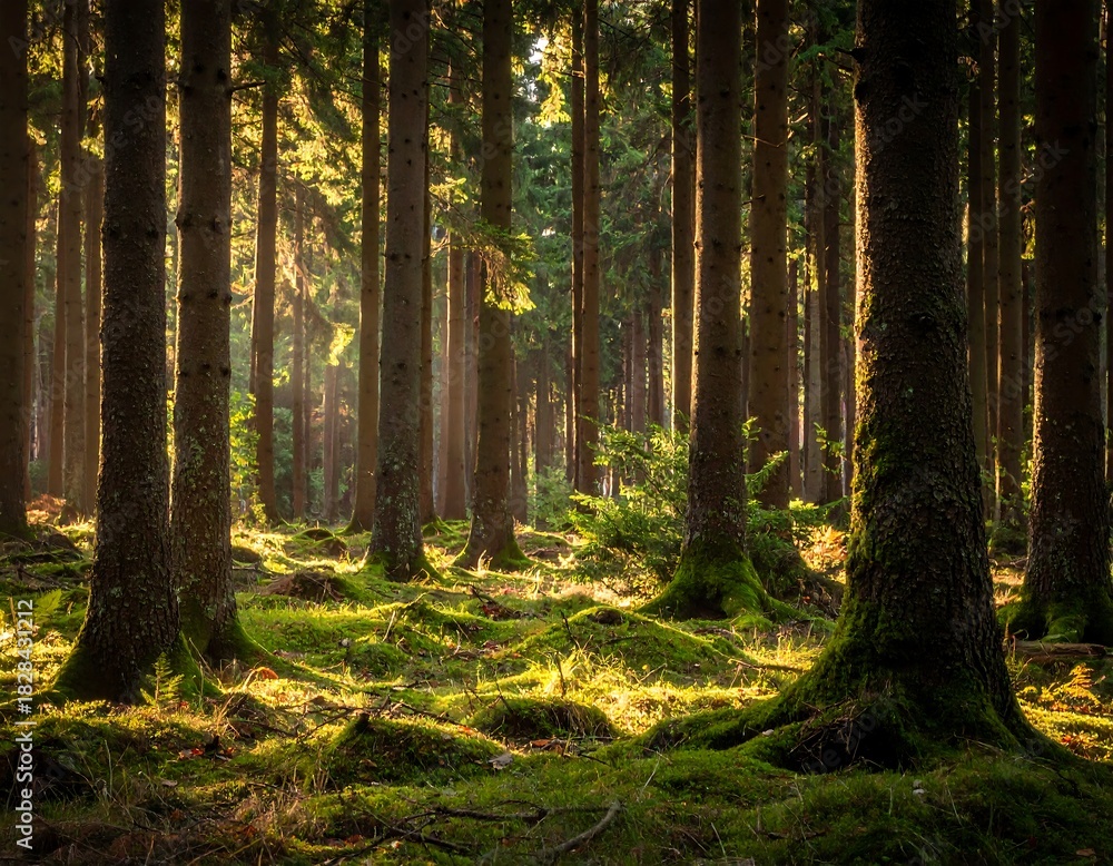 Fototapeta premium Sunlit woodland scene with tall trees, lush undergrowth, and soft, dappled light