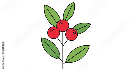 Stylized illustration of a berry branch with three vibrant red berries and deep green leaves, presented on a crisp white background.