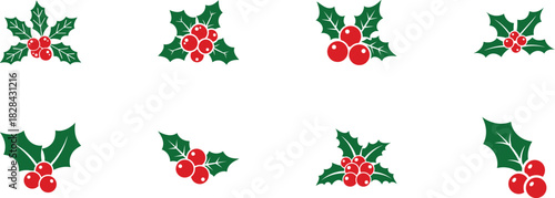 Holly berry icons set, Christmas logo with holly berries