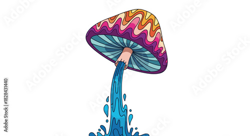 Colorful psychedelic mushroom illustration with vibrant liquid flowing.