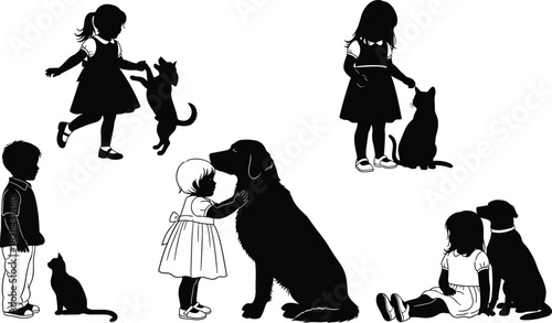 Black Silhouette Vector Collection of Young Children Interacting Happily with Domestic Pets, Including Dogs and Cats, Illustrating Love, Friendship, and Childhood Companionship