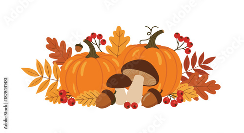 Illustration of autumn bounty with pumpkins, mushrooms, acorns, berries and colorful fall leaves.