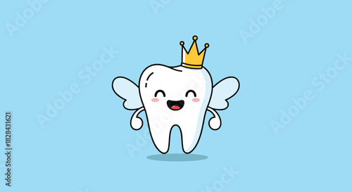 Cute cartoon tooth with wings and crown on a light blue background.