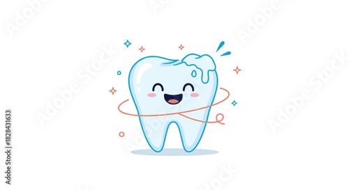 A cheerful cartoon tooth with cleaning foam, sparkles, and a toothbrushing swirl, promoting dental hygiene and health practices.
