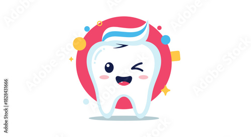 Cute cartoon tooth with toothpaste on top winking its eye, isolated against a pink circle surrounded by yellow and blue dots and yellow stars.