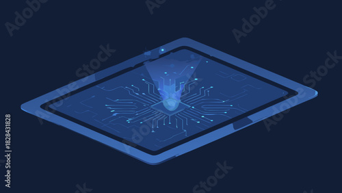 Isometric tablet with a glowing chip and circuit board design emitting light in a dark blue scene
