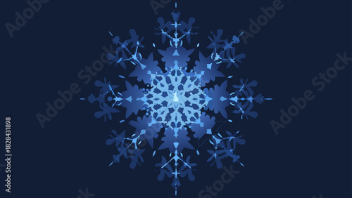 A detailed symmetrical snowflake design in shades of blue against a dark blue background creates a wintry scene