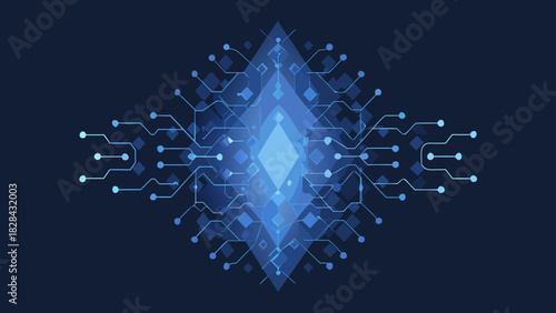 Abstract blue diamond shape surrounded by interconnected lines and nodes on dark background forming a network