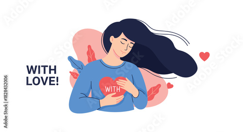 Woman embracing a heart with the word 'with', a love-themed illustration for various applications.