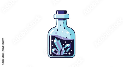 A magical potion bottle filled with sparkling purple liquid and mystical blue crystals, evoking fantasy and enchantment.