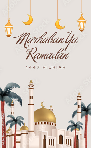 Wallpaper Mural Translation : Welcome Ramadan Month. Ramadan Kareem Greeting Card with Mosque Illustration, Hanging Lanterns, and Elegant Minimalist Background. Vector Illustration  Torontodigital.ca