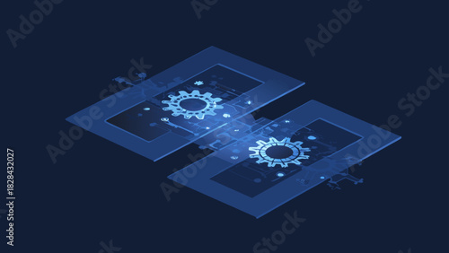 Isometric view of two blue platforms with gear icons and connecting lines on a dark background, tech style