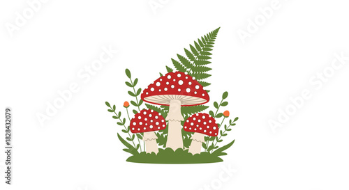 Illustration of fly agaric mushrooms surrounded by greenery, featuring a fern and small orange flowers, set against a clean white background.