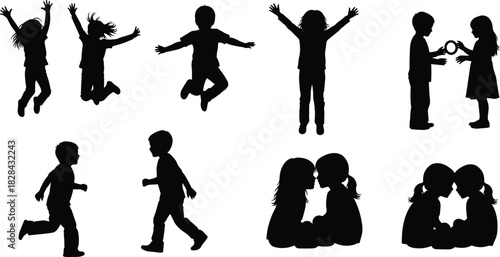 Black Silhouette Vector Set of Happy Kids Jumping, Running, and Sharing Secrets, Illustrating Childhood Energy, Friendship, Excitement, and Positive Interaction, Isolated Graphic