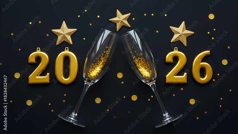 Naklejka premium Gold 2026 Numbers and Champagne Glasses for New Year